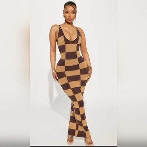 Fashion Nova Brown & Tan Checkerboard Knit Maxi Dress